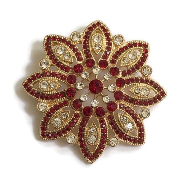 Monet Jewelry - Monet Red & Clear Rhinestone Flower/Snowflake  Brooch